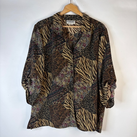 Donnkenny Woman Tops - Donnkenny Woman Blouse Womens 22W Brown Patchwork Animal Print Roll Tab Sleeve
